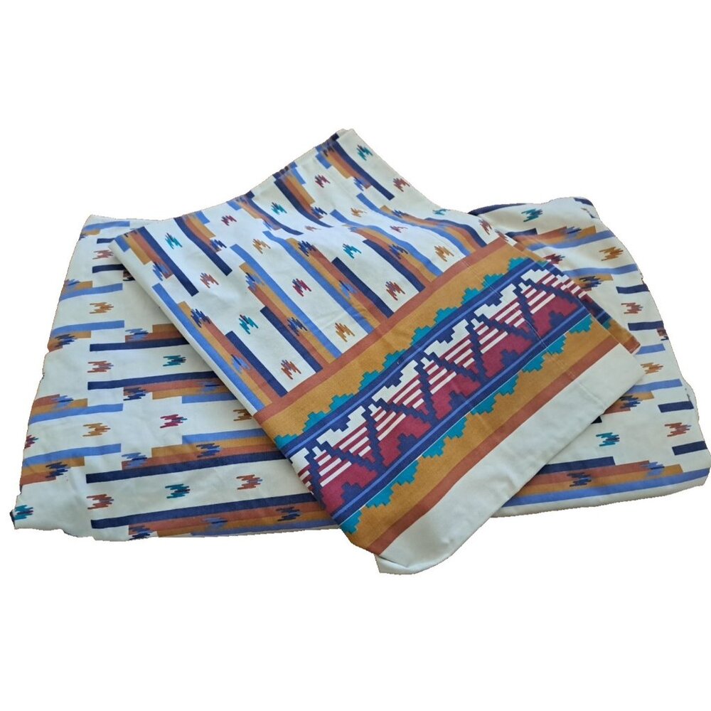 Vintage Southwest Full Fitted Sheet & Pillowcase Cannon Percale Aztec Orange